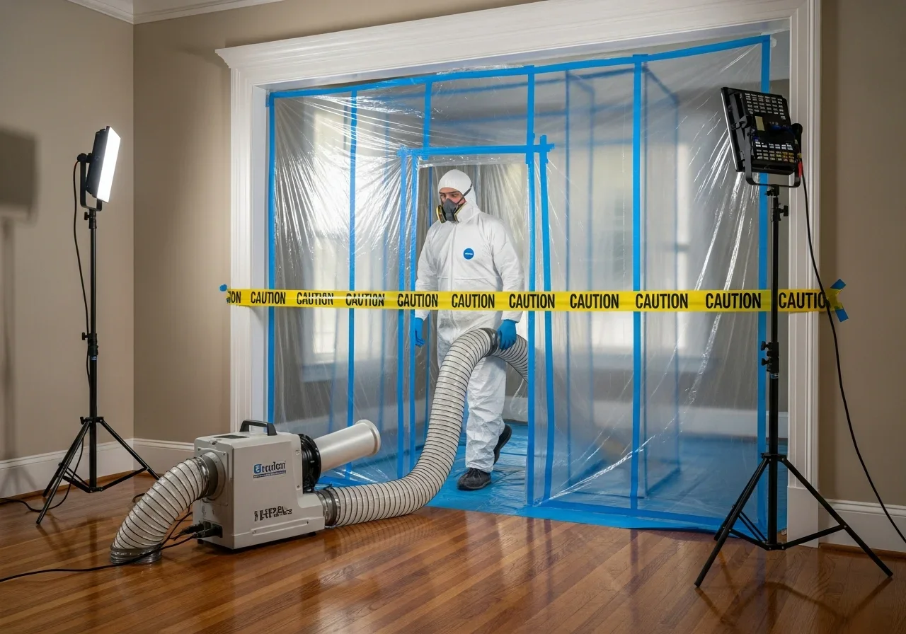 Professional mold remediation containment barrier with HEPA air scrubber setup in a Columbia SC home