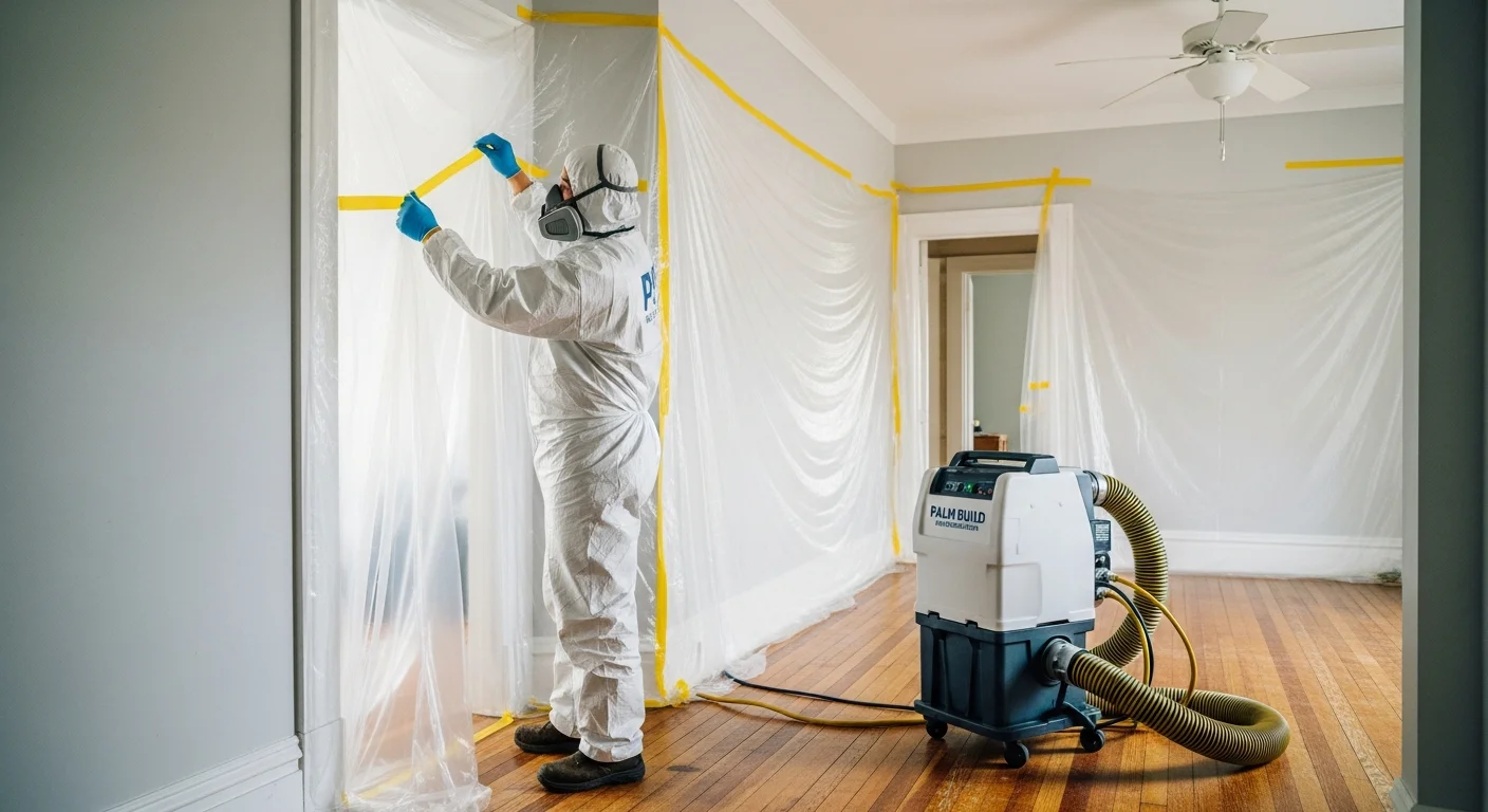 Palm Build mold remediation technician in full PPE setting up containment barriers inside a Columbia South Carolina home