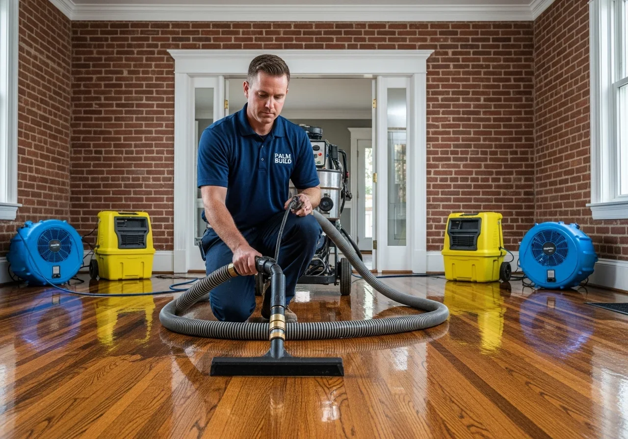 Palm Build restoration crew performing truck-mounted water extraction in a Columbia SC home