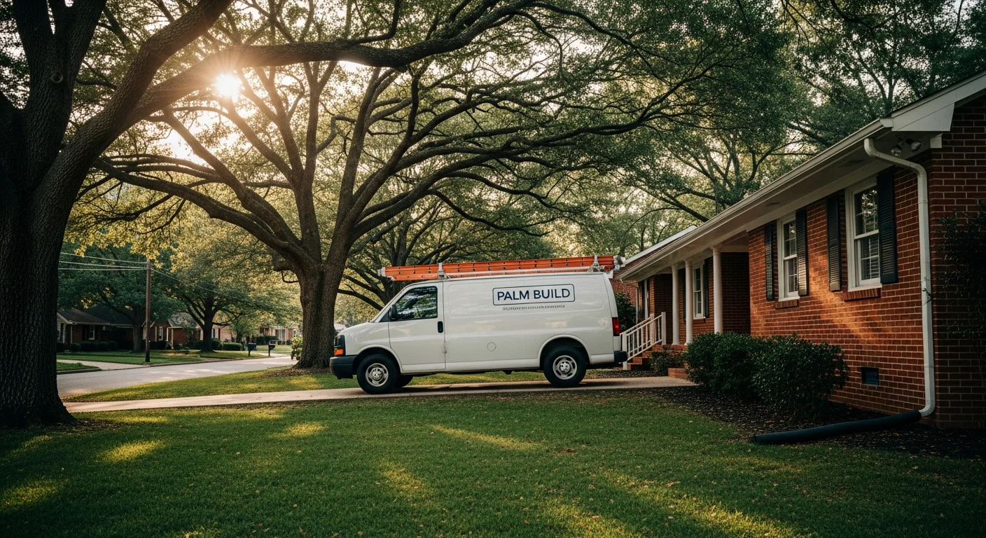 Palm Build restoration truck parked at a Columbia South Carolina brick ranch home on a tree-lined street with mature oaks