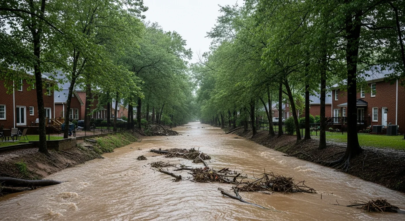 Rocky Branch creek flooding in the Five Points area of Columbia SC during a severe storm