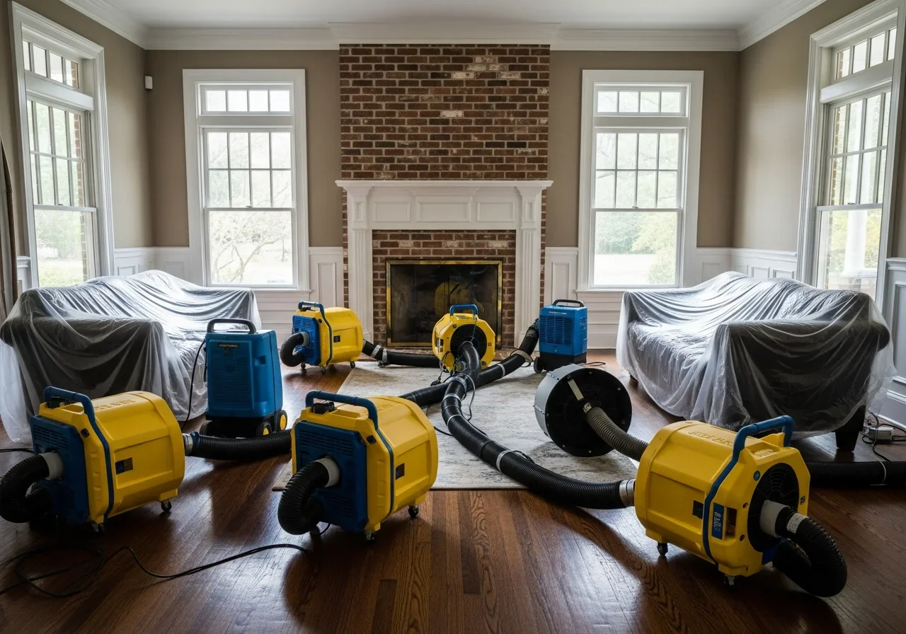 Commercial structural drying equipment set up in a water-damaged Columbia SC home with dehumidifiers and air movers