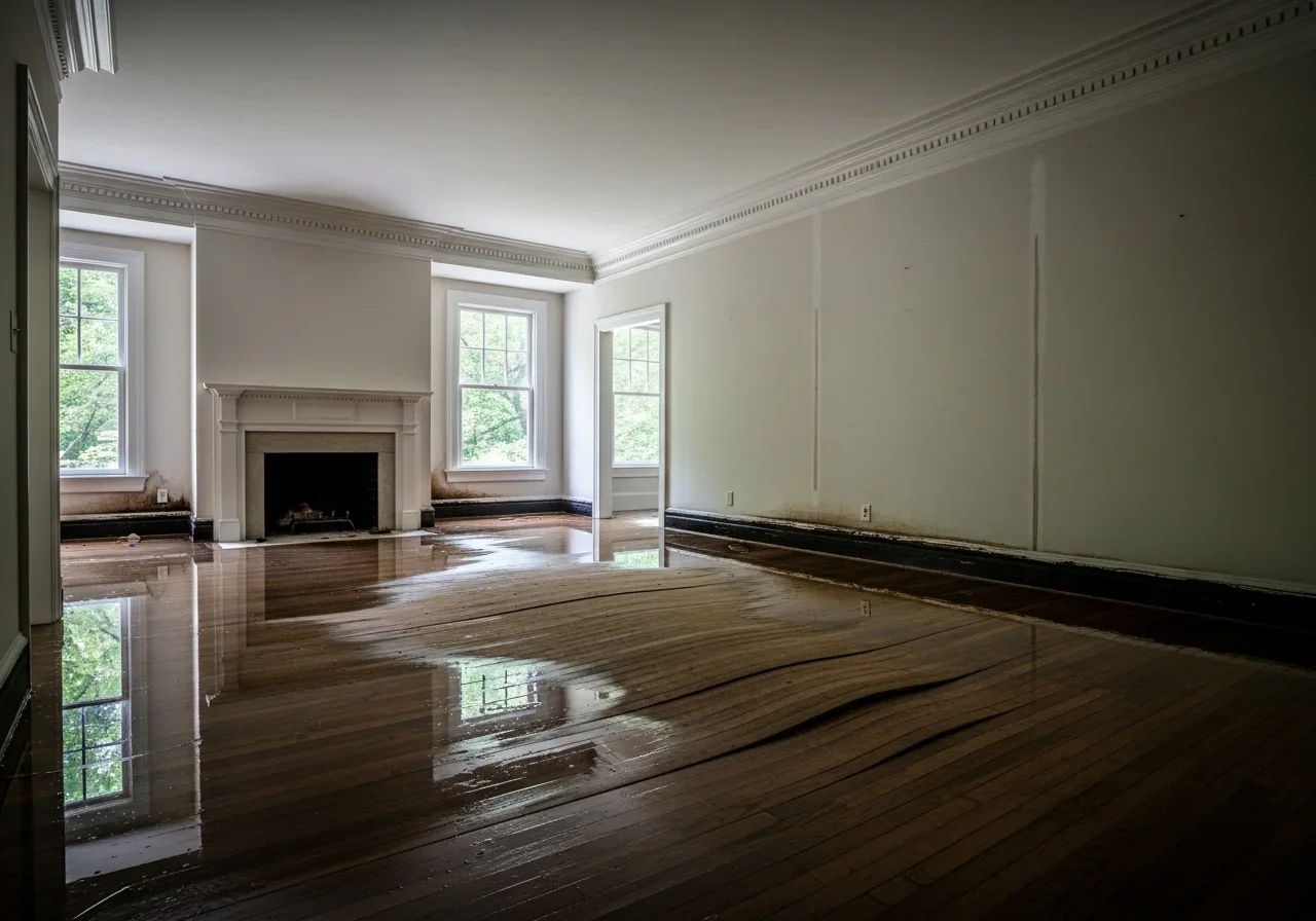 Water damage warping hardwood floors inside a Columbia SC home after flooding