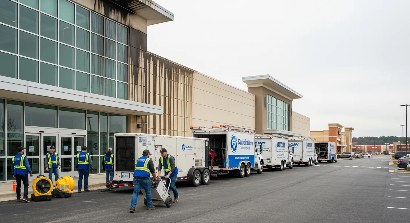 Palm Build commercial restoration team responding to a commercial property loss in Concord, North Carolina with industrial drying equipment and service vehicles