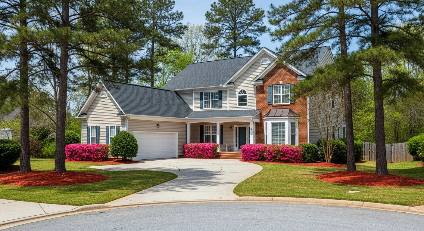 Typical 1990s suburban home in Concord NC with composition shingle roof and mature tree canopy showing the housing stock most vulnerable to storm damage