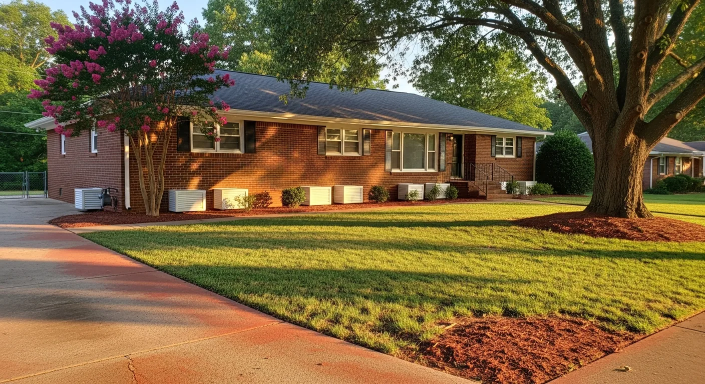Typical 1960s brick ranch home in Concord NC with visible crawl space foundation vents at grade level and red clay soil