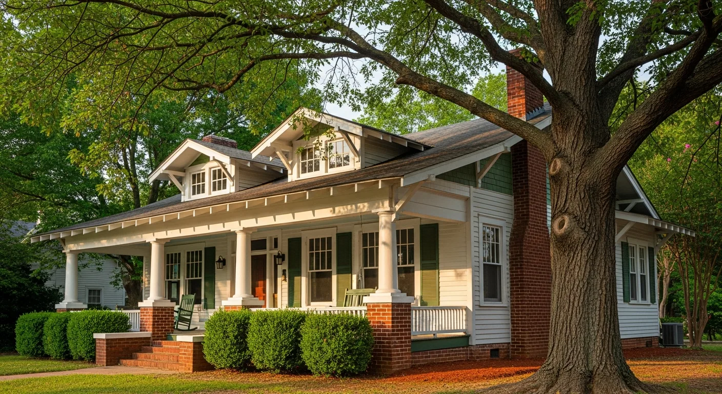 Historic Craftsman-style home in Concord NC's Logan neighborhood with original wood siding and covered front porch typical of early 1900s mill-era construction