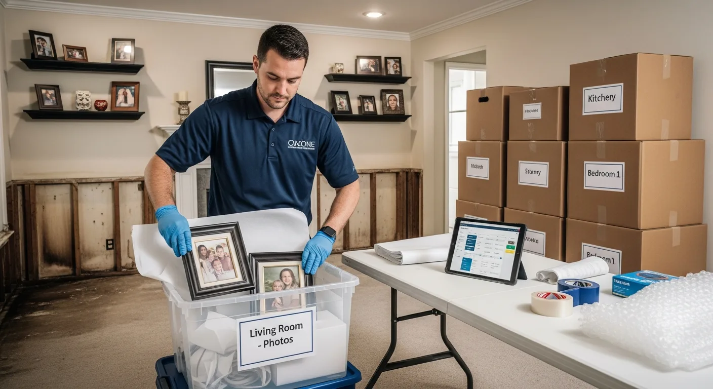 Palm Build contents restoration specialist carefully inventorying and packing personal belongings in a Concord, North Carolina home after water damage