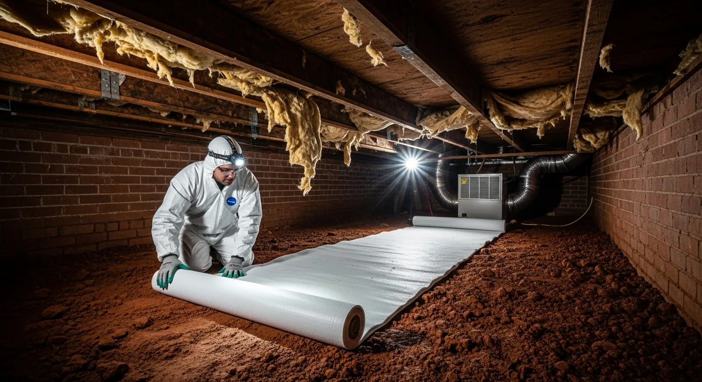 Palm Build technician inspecting mold and moisture damage in a vented crawl space beneath a Concord, North Carolina home with red clay soil floor and falling fiberglass insulation