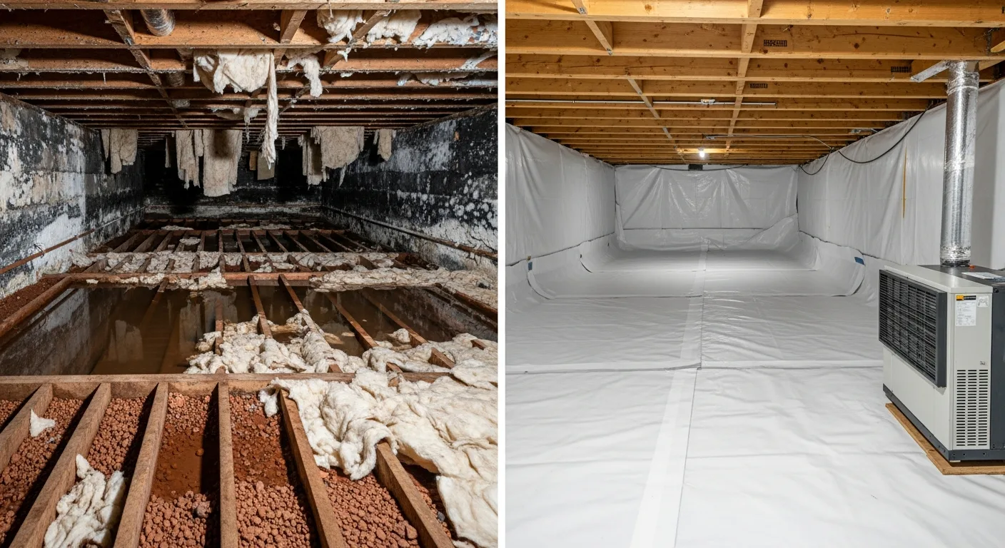 Before and after crawl space remediation in a Concord NC home showing mold-covered joists and bare clay soil transformed to a clean encapsulated crawl space with sealed vapor barrier
