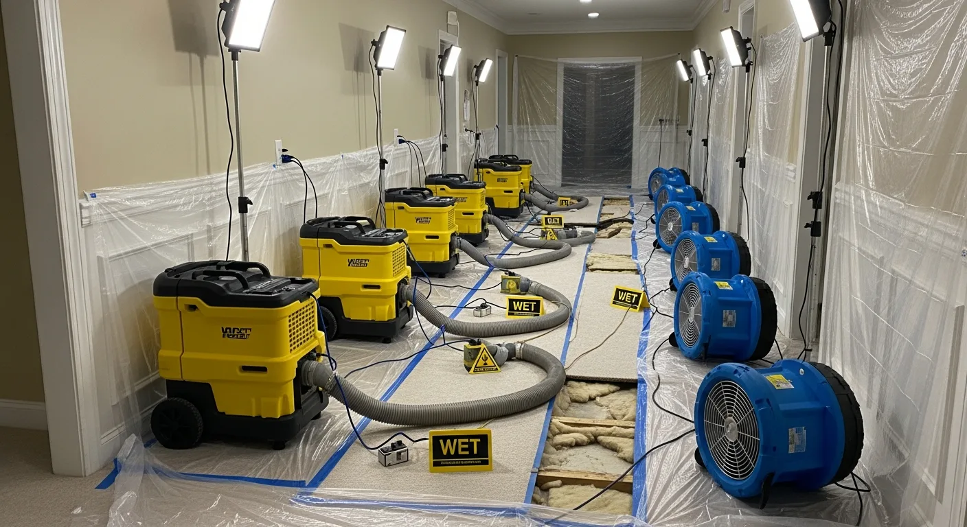 Commercial drying equipment deployed in a water-damaged Concord NC home during active structural drying