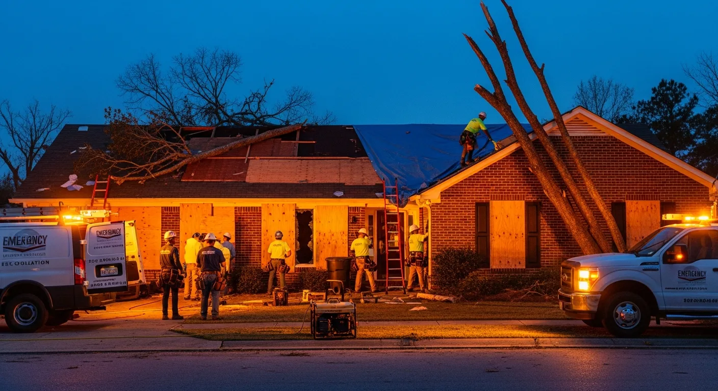 Palm Build emergency board-up crew working at twilight on a storm-damaged Concord NC home with work lights illuminating the scene