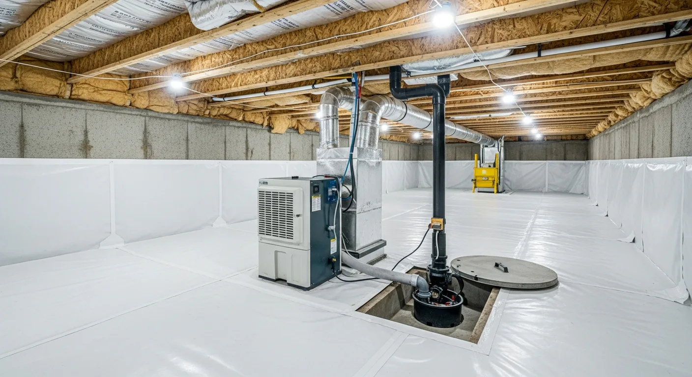 Completed crawl space encapsulation in a Concord, North Carolina home showing heavy-duty reinforced vapor barrier sealed to foundation walls, commercial dehumidifier, and clean sealed environment