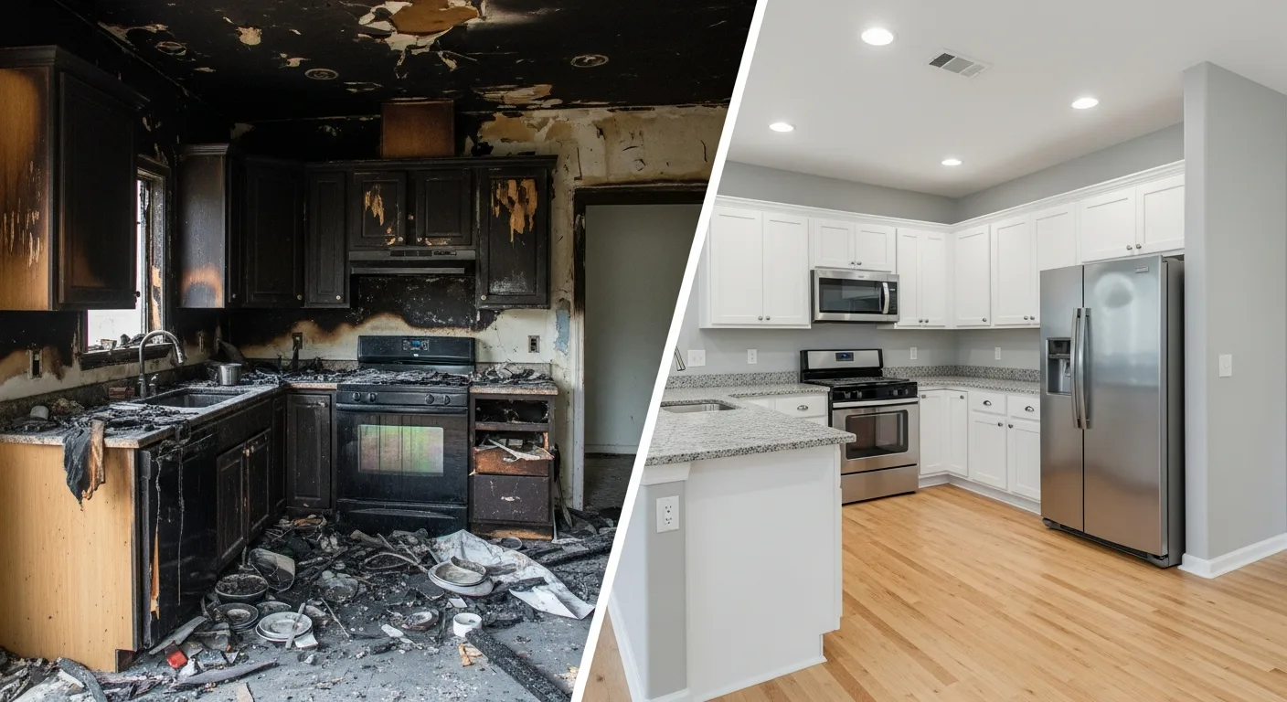 Before and after fire damage restoration in a Concord NC home showing charred walls restored to pre-loss condition