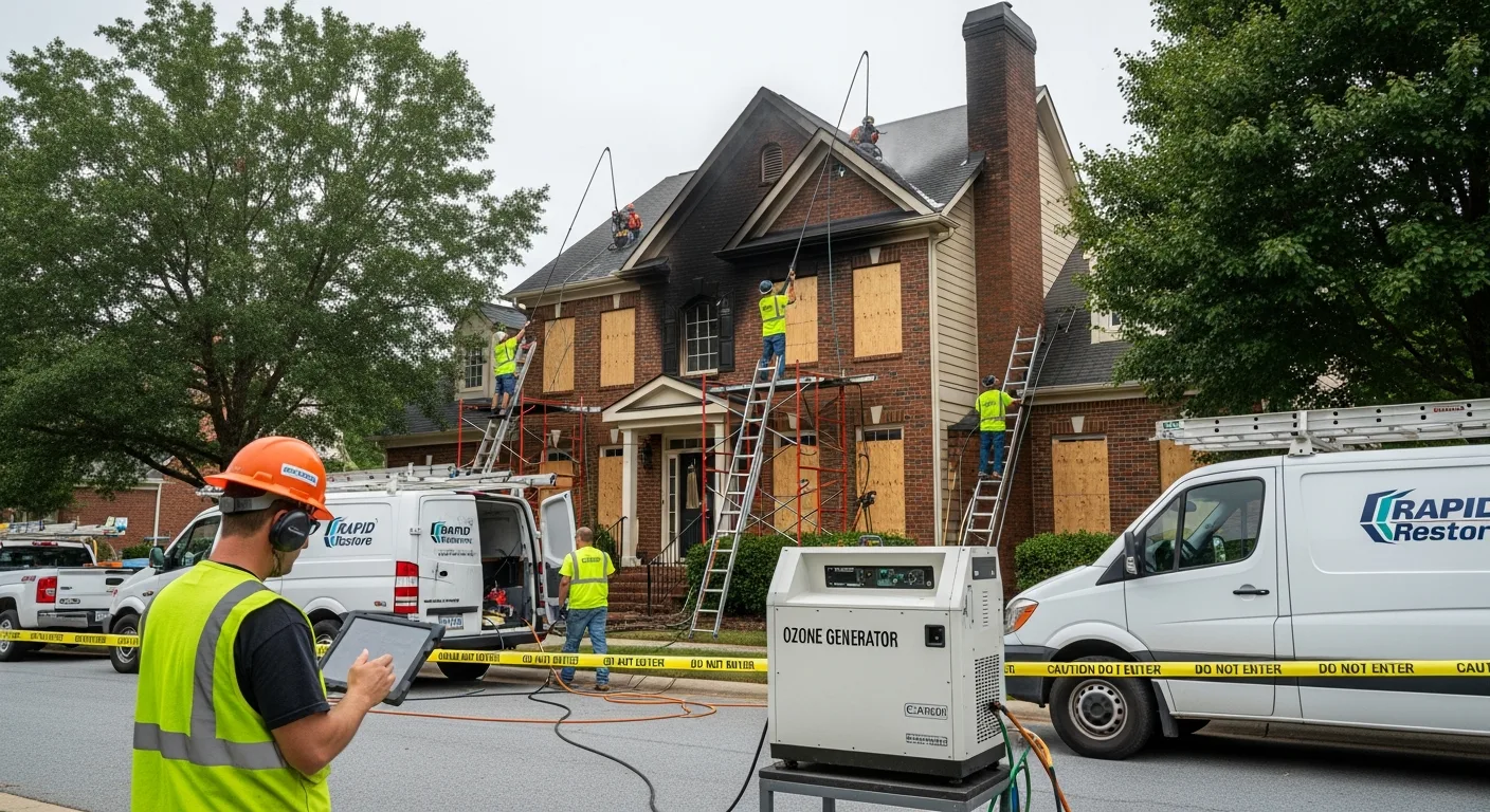 Palm Build fire restoration crew performing exterior soot and smoke damage cleanup on a fire-damaged Concord NC home with professional equipment