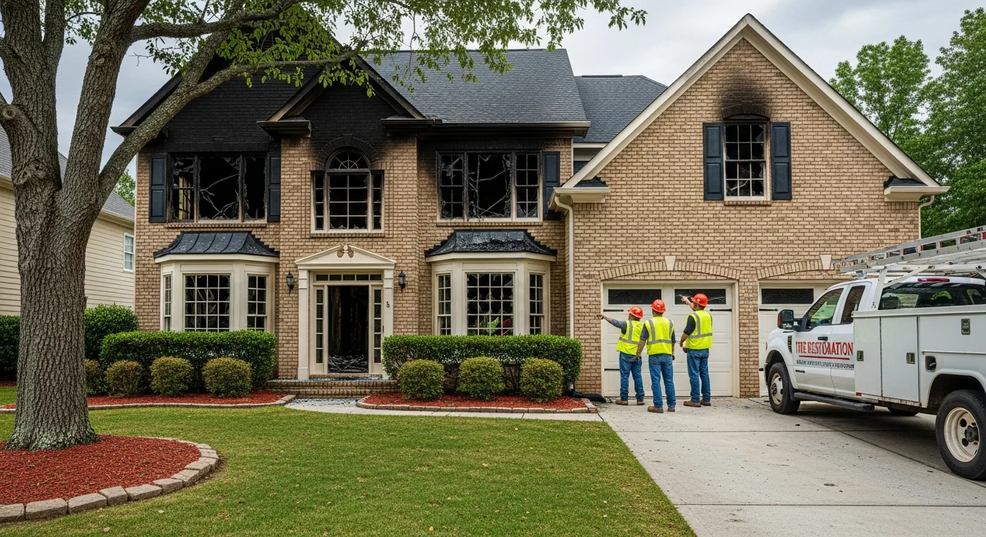 Palm Build fire and smoke damage restoration team responding to a residential fire in Concord, North Carolina with emergency equipment and protective gear