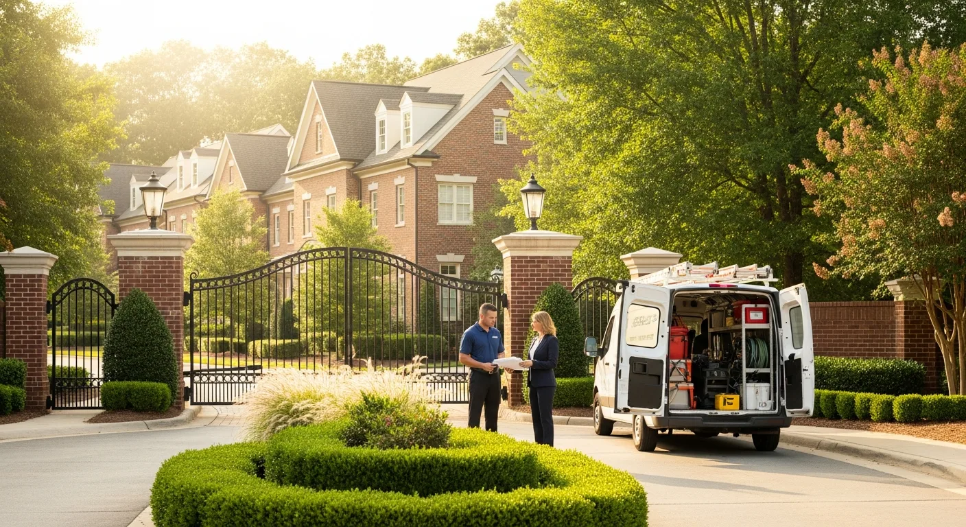 Aerial view of an HOA-governed master-planned community in Concord, North Carolina with uniform rooflines, shared amenities, and manicured common areas