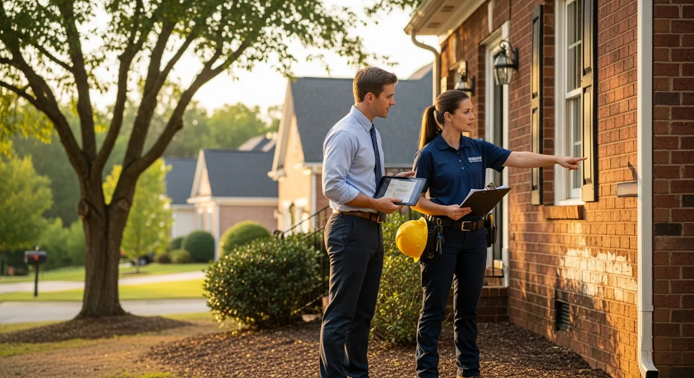 Palm Build restoration specialist reviewing insurance claim documentation with a Concord NC homeowner at their kitchen table with moisture mapping reports visible