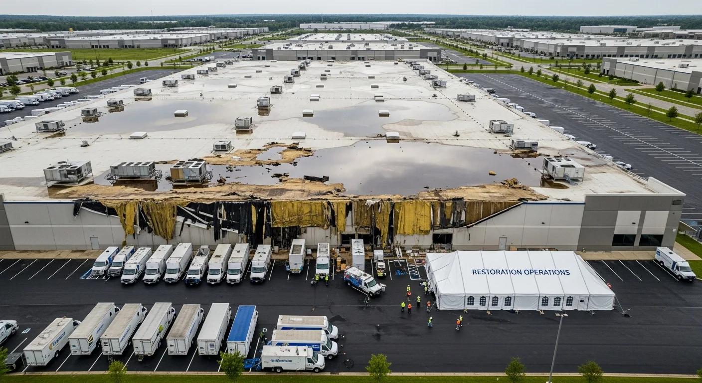 Aerial view of large-scale commercial property damage in Concord NC requiring multi-crew restoration coordination