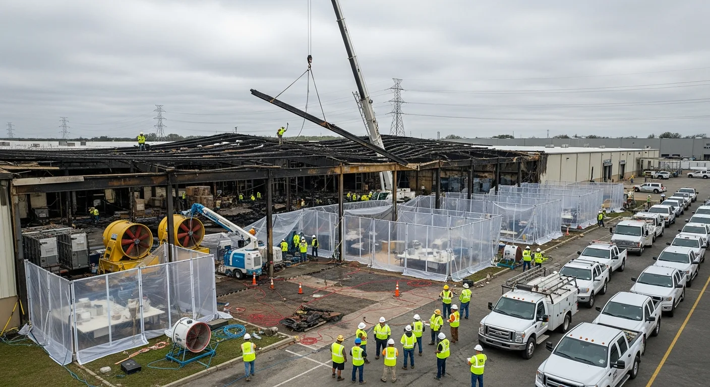 Aerial view of large-scale commercial property damage in Concord, North Carolina requiring multi-crew coordinated catastrophe restoration response from Palm Build