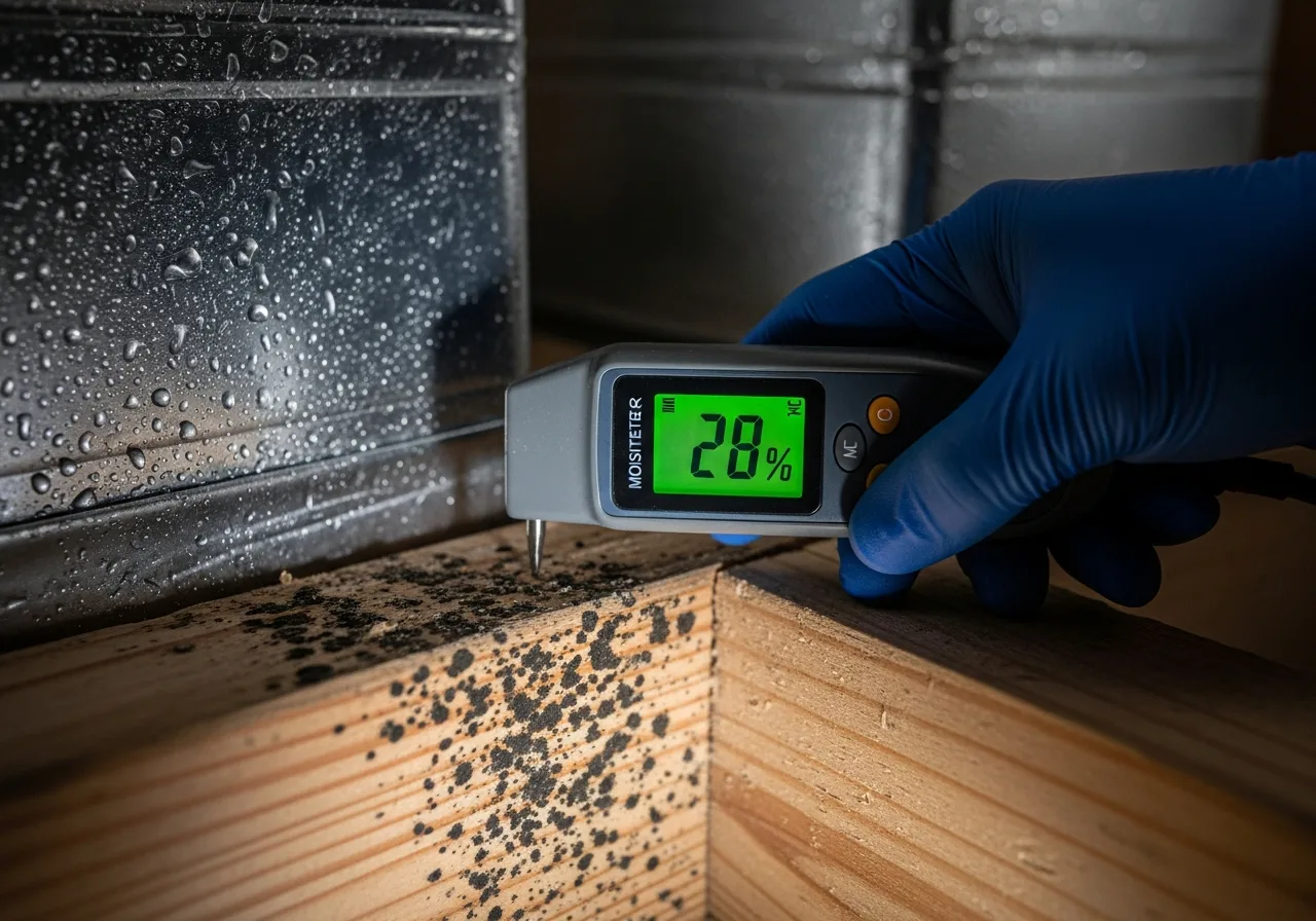 Professional pin-type moisture meter showing elevated wood moisture content reading on a floor joist in a Concord, North Carolina crawl space