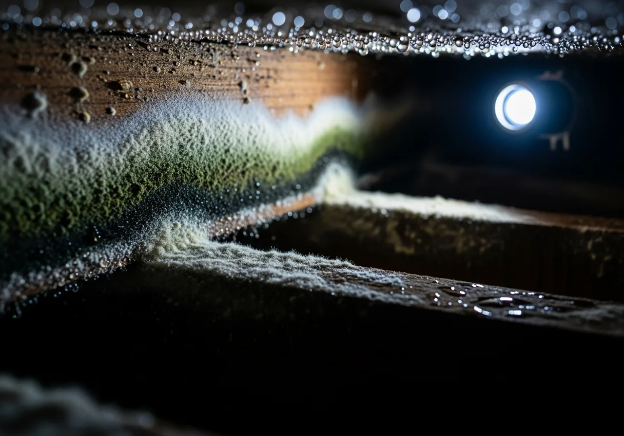 Close-up of active mold colonies growing on structural floor joists in a vented crawl space beneath a Concord, North Carolina home