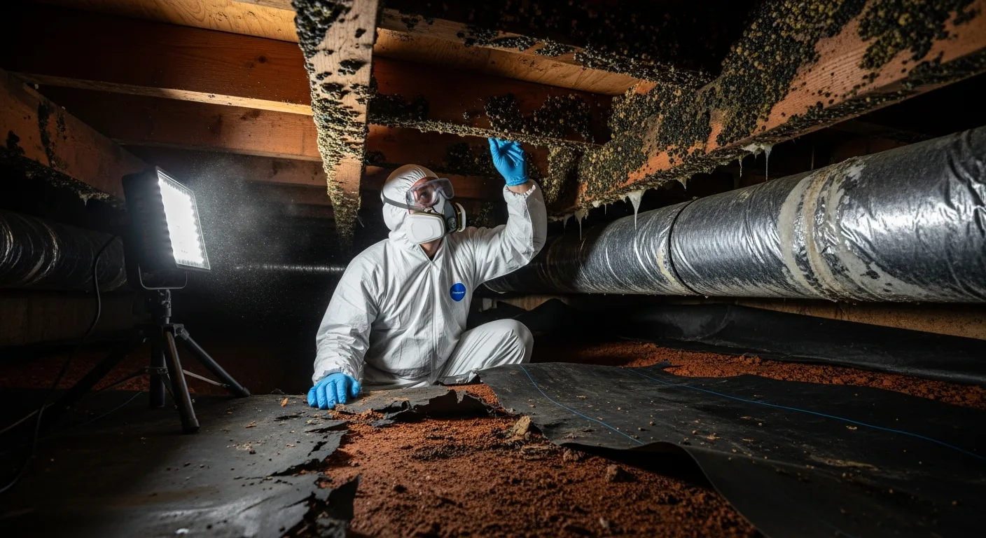 Palm Build mold remediation technician in full PPE inspecting mold growth on wooden floor joists inside a Concord NC crawl space with red clay soil visible