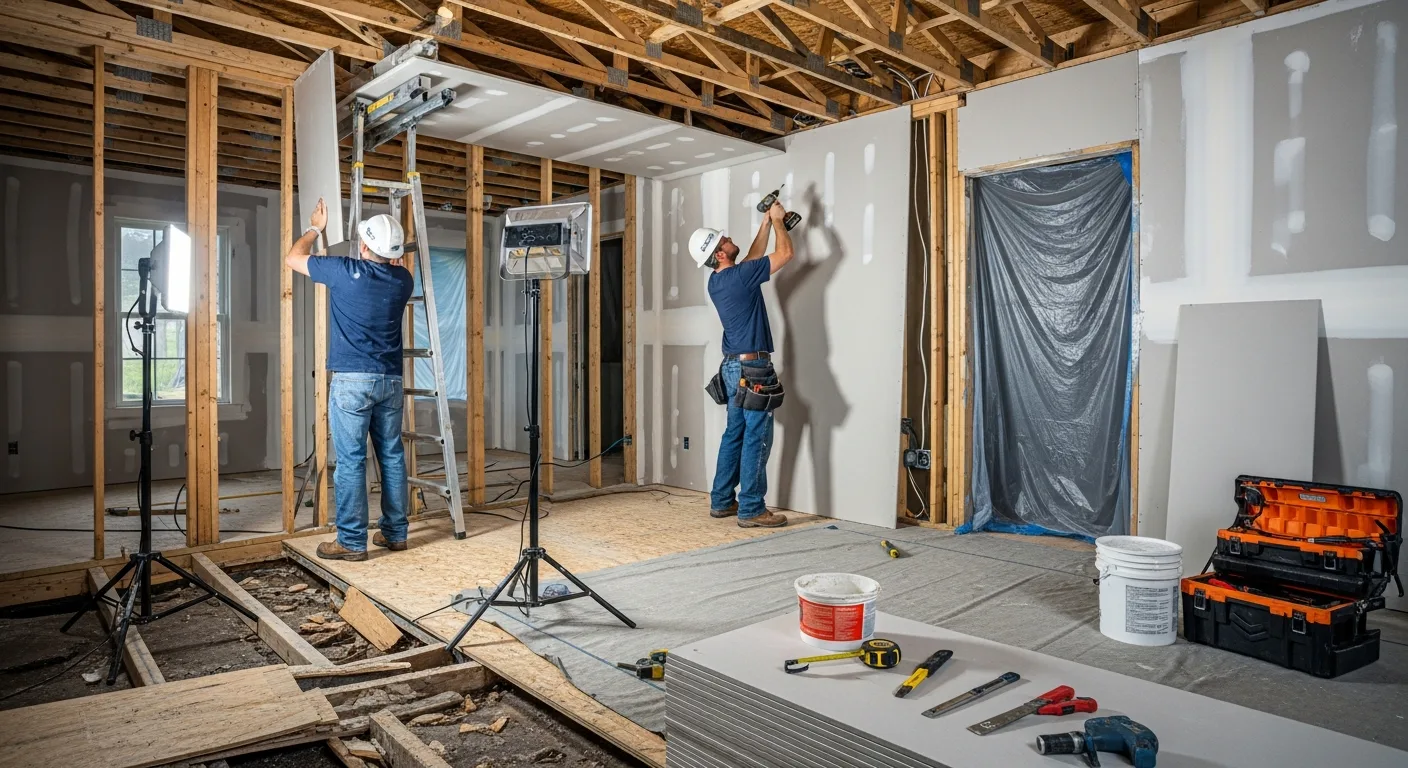 Palm Build reconstruction crew working on a full home rebuild in Concord, North Carolina with framing and new construction materials visible