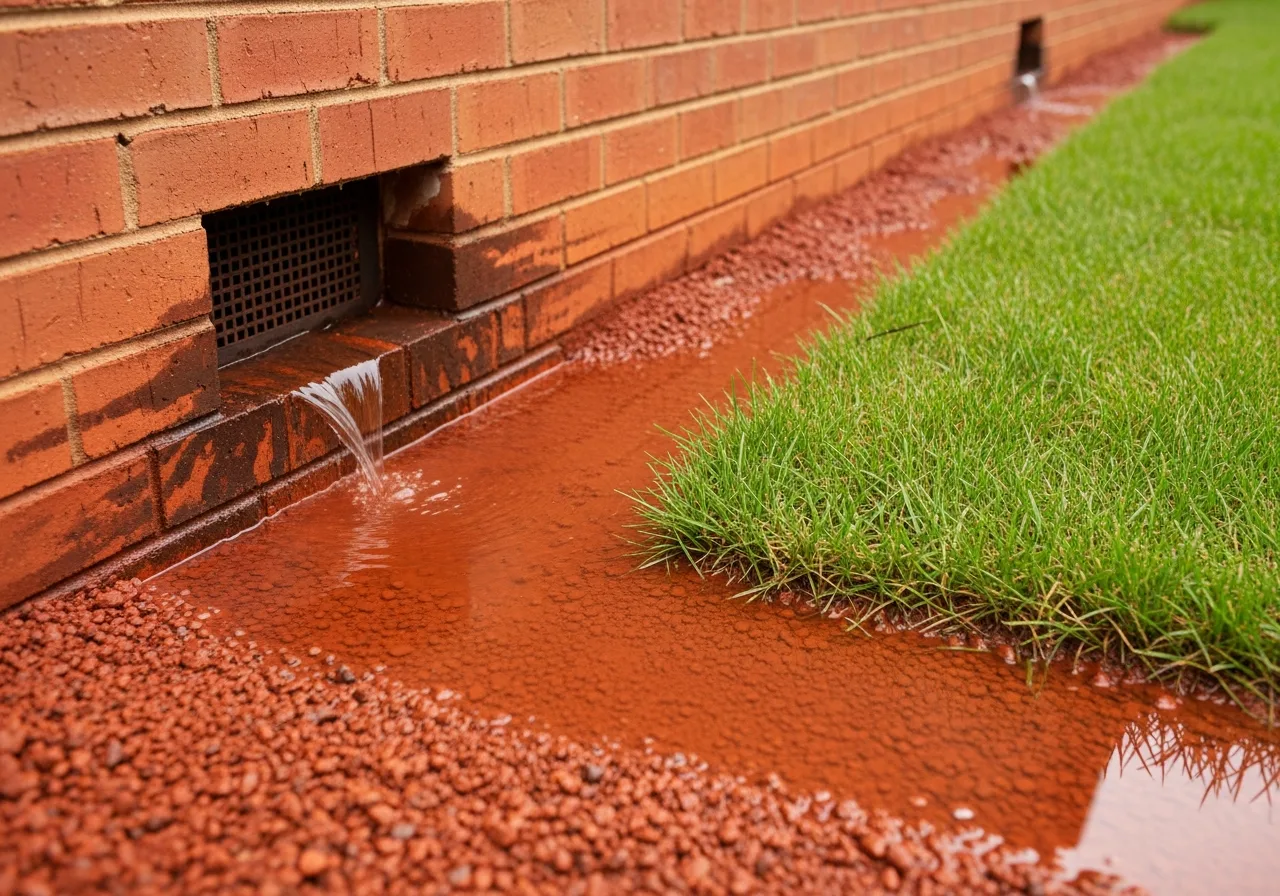 Saturated Cecil series red clay soil against a concrete block foundation wall in a Concord, North Carolina crawl space showing moisture migration