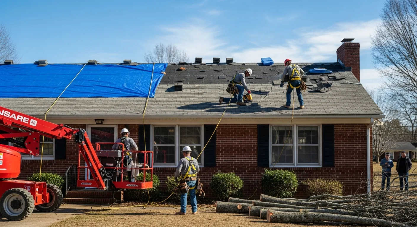Palm Build crew performing storm damage roof repair on a Concord NC home with blue tarps and exposed decking visible
