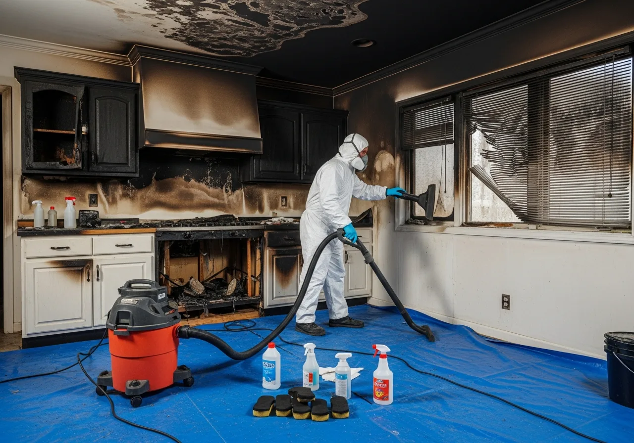 Close-up of professional soot removal and cleaning on fire-damaged surfaces inside a Concord NC home