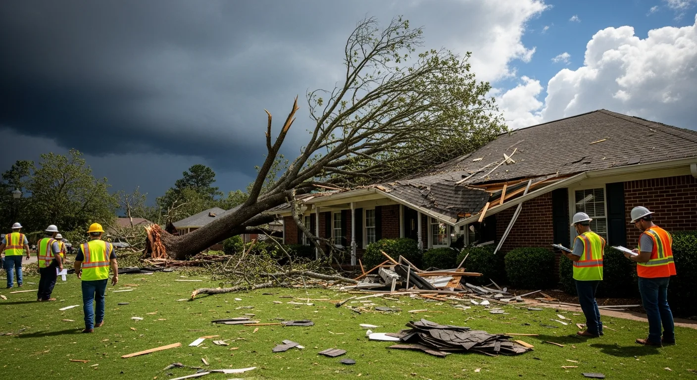Storm damage to a residential home in Concord NC showing wind-damaged roof shingles and fallen tree limbs with Palm Build emergency response equipment visible