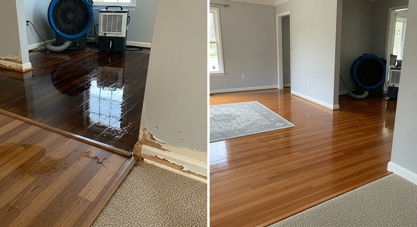 Water damage reconstruction showing restored flooring and walls in a Concord NC home