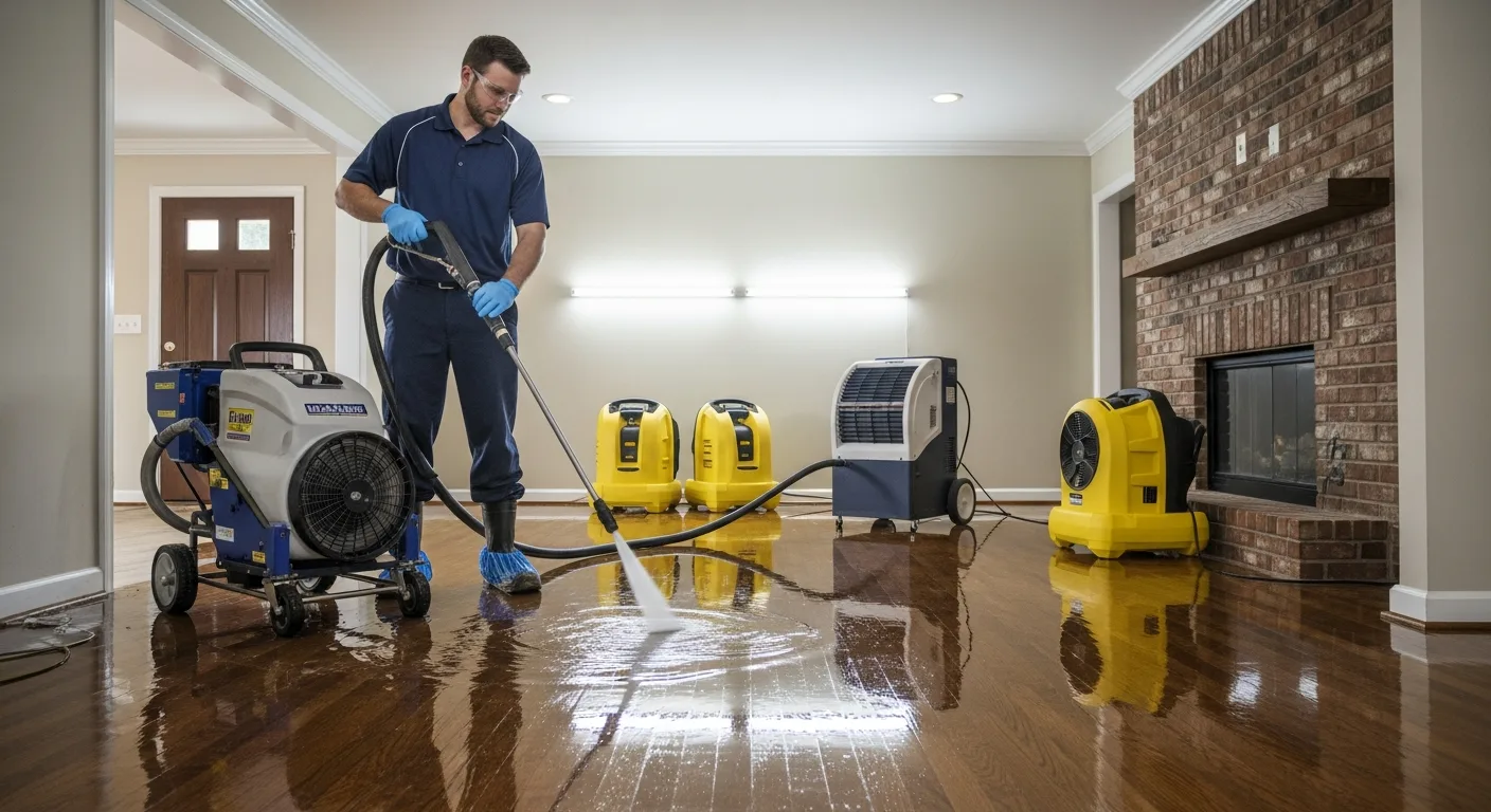 Palm Build restoration technician extracting water from a flooded living room in a Concord, North Carolina brick ranch home with industrial drying equipment