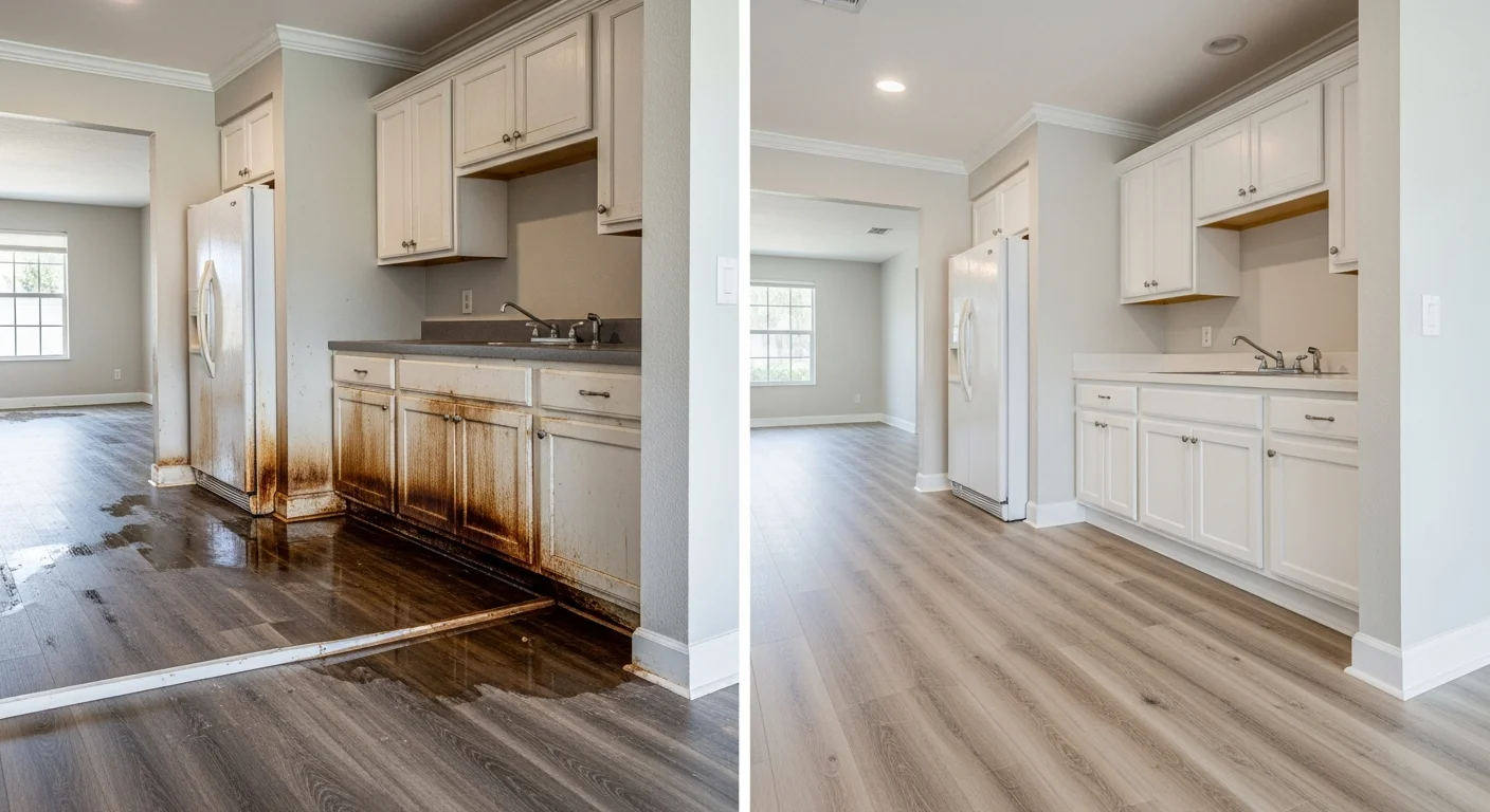 Before and after fire and smoke damage restoration in a Coral Springs Florida kitchen showing complete recovery