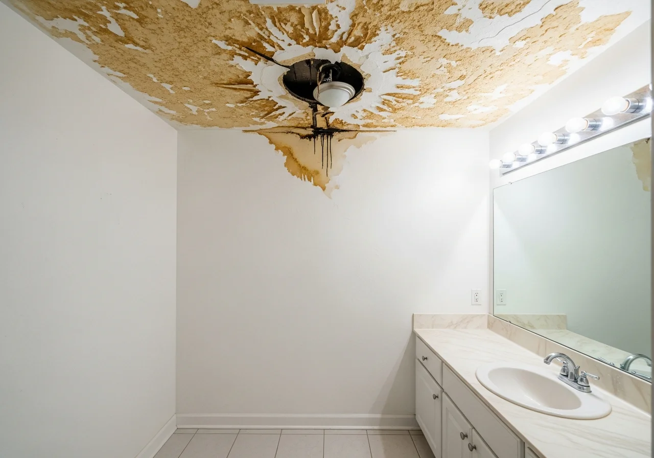 Water-stained ceiling with bubbling paint from plumbing leak above in a Coral Springs Florida bathroom