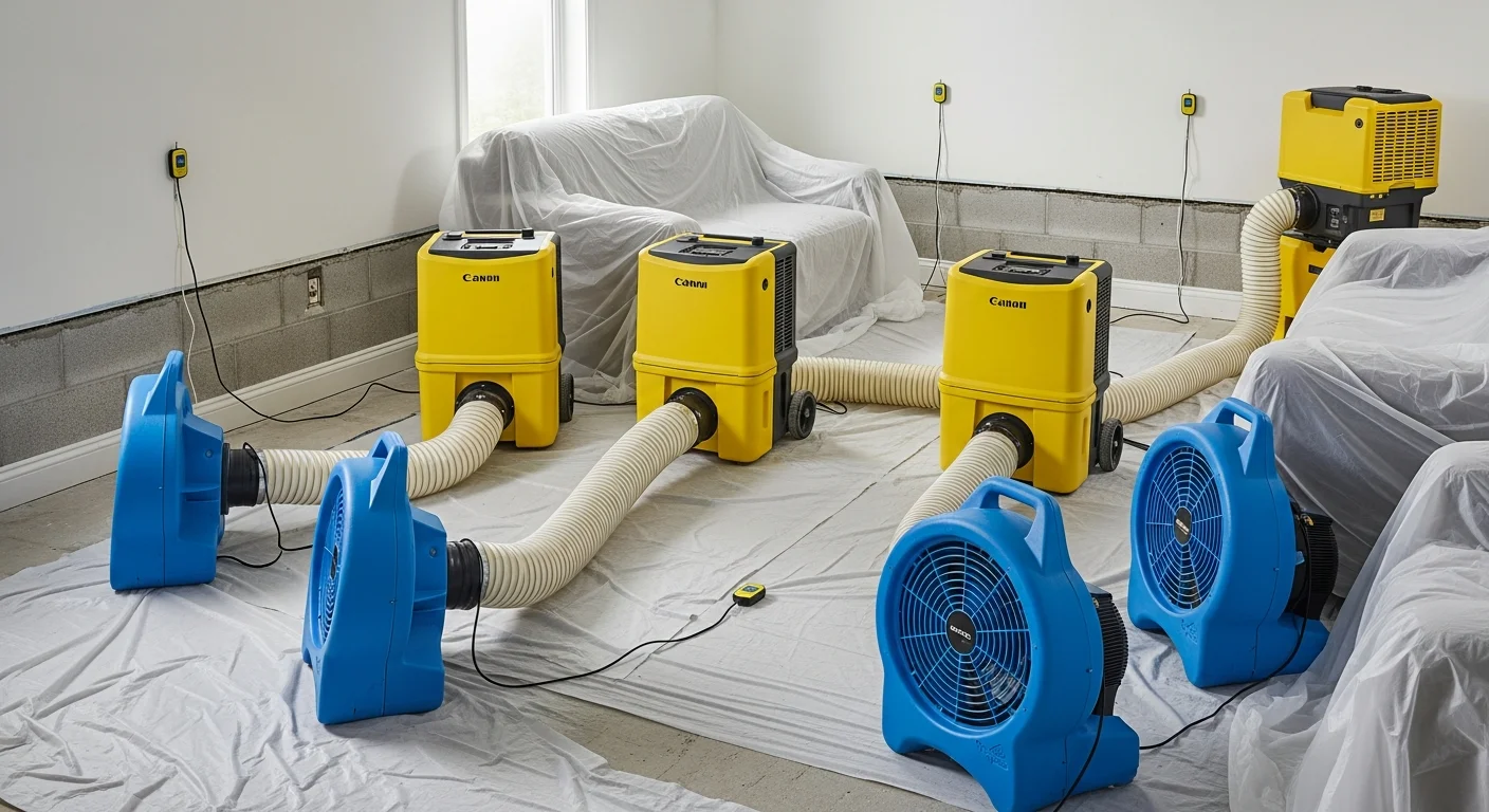 Professional air movers and dehumidifiers positioned throughout a fire-damaged Coral Springs Florida home during restoration