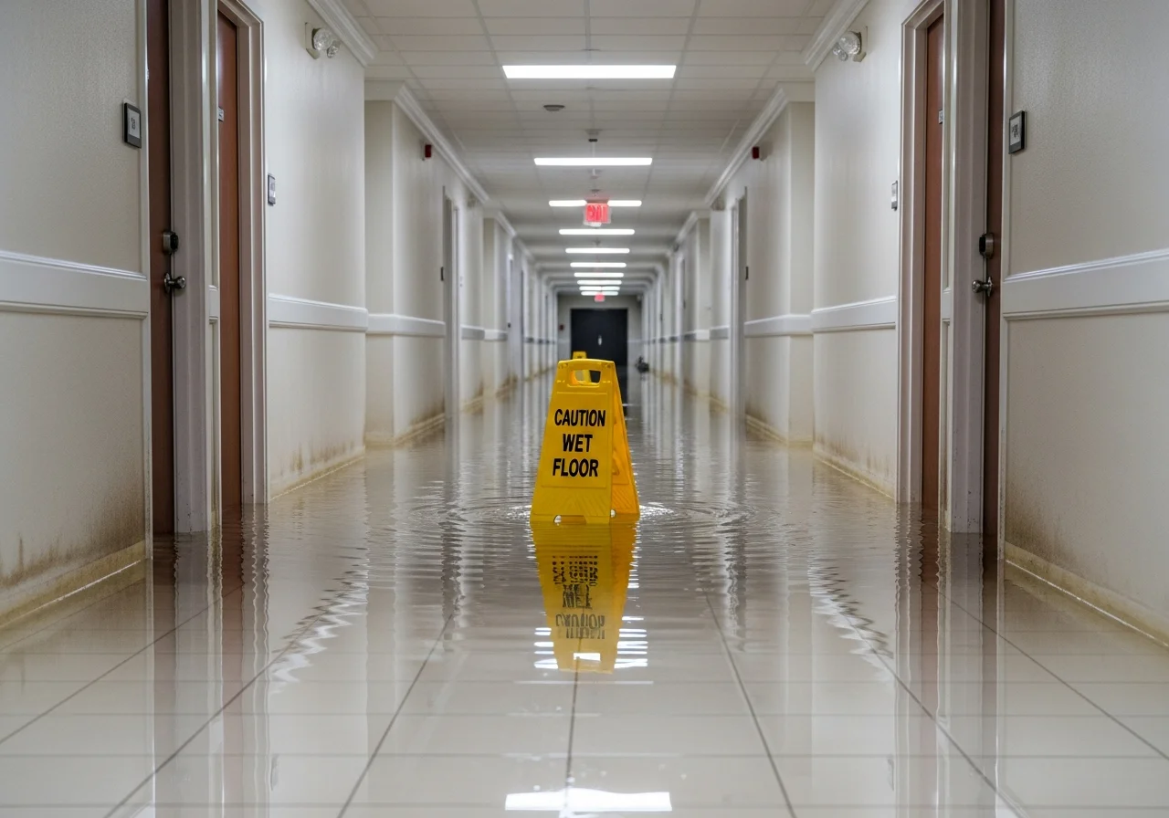 Flooded condo hallway in Coral Springs Florida showing commercial-scale water damage requiring professional restoration with standing water on tile floors