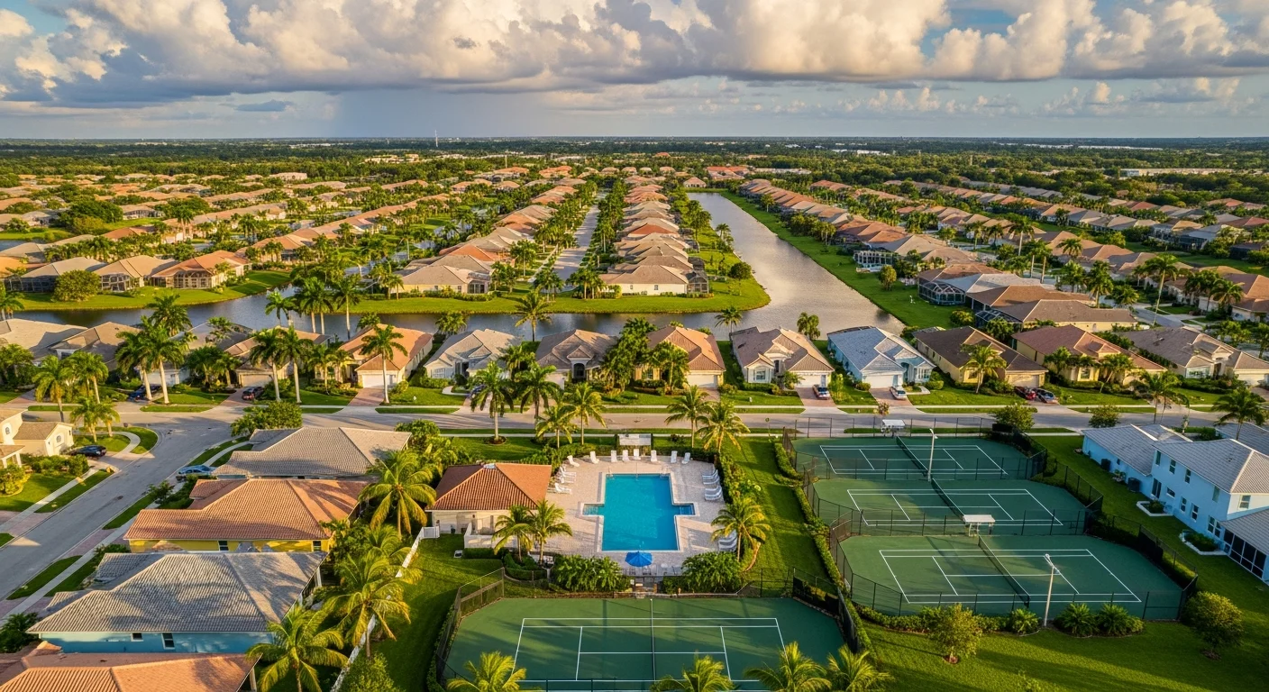 Aerial view of Coral Springs FL showing master-planned neighborhoods with canal systems and tile roof homes