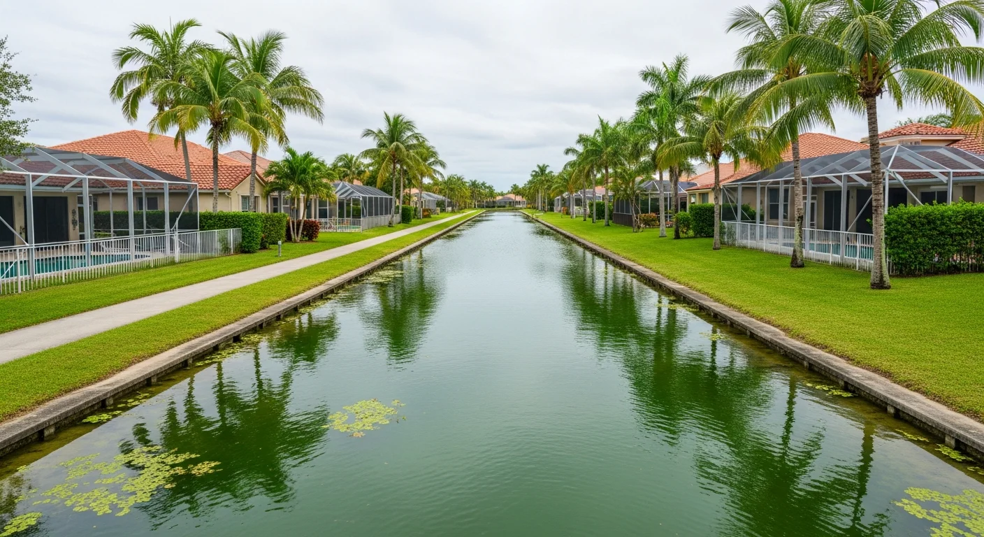 Coral Springs FL canal system with high water levels near residential neighborhood during tropical rainfall event