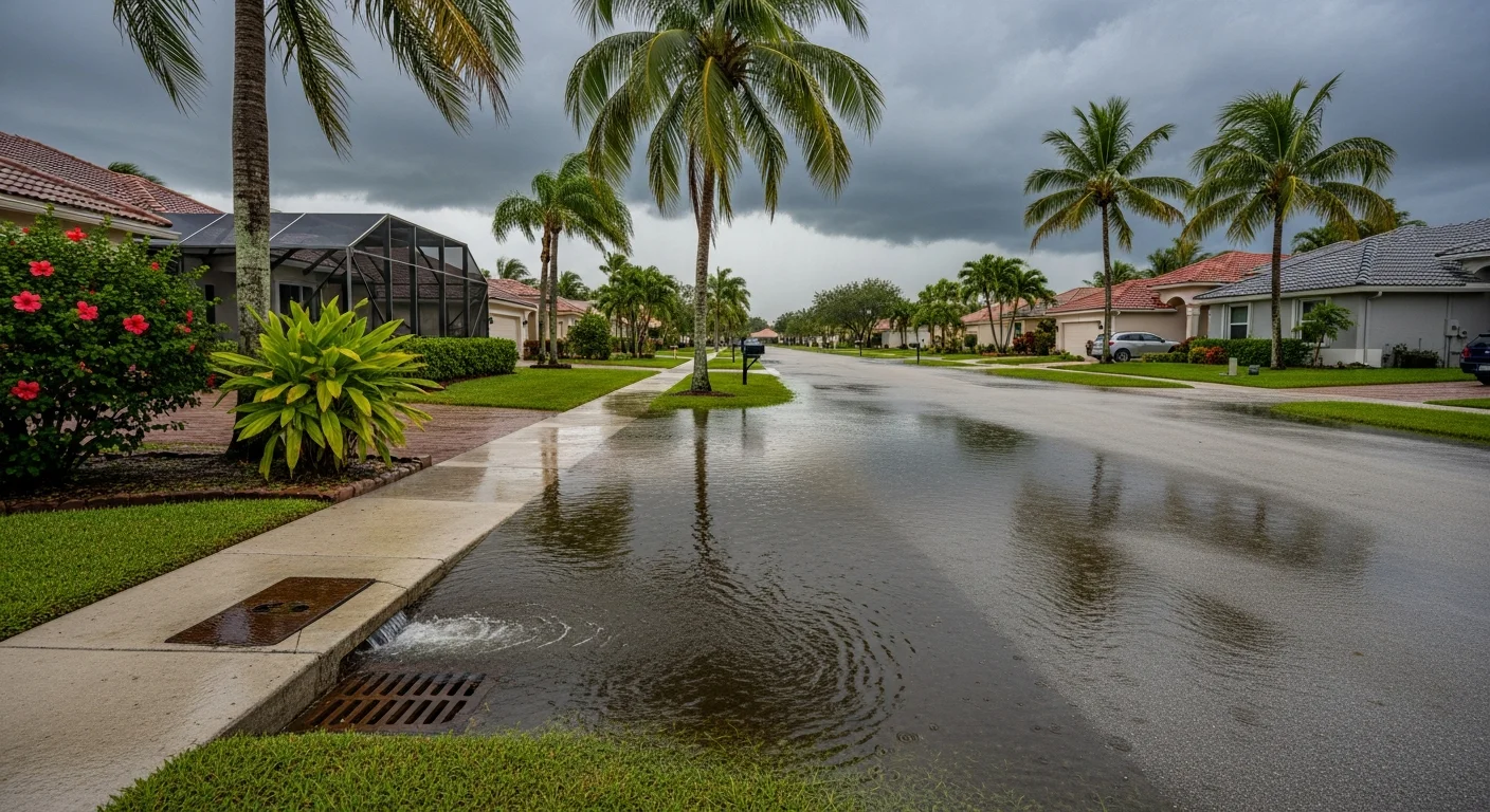 Street flooding in Coral Springs FL residential neighborhood after heavy storm showing water overflowing canal drainage system
