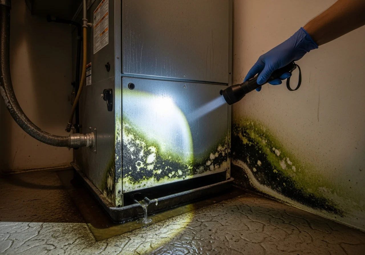 HVAC condensate overflow causing mold damage in ceiling cavity of a Coral Springs Florida commercial building