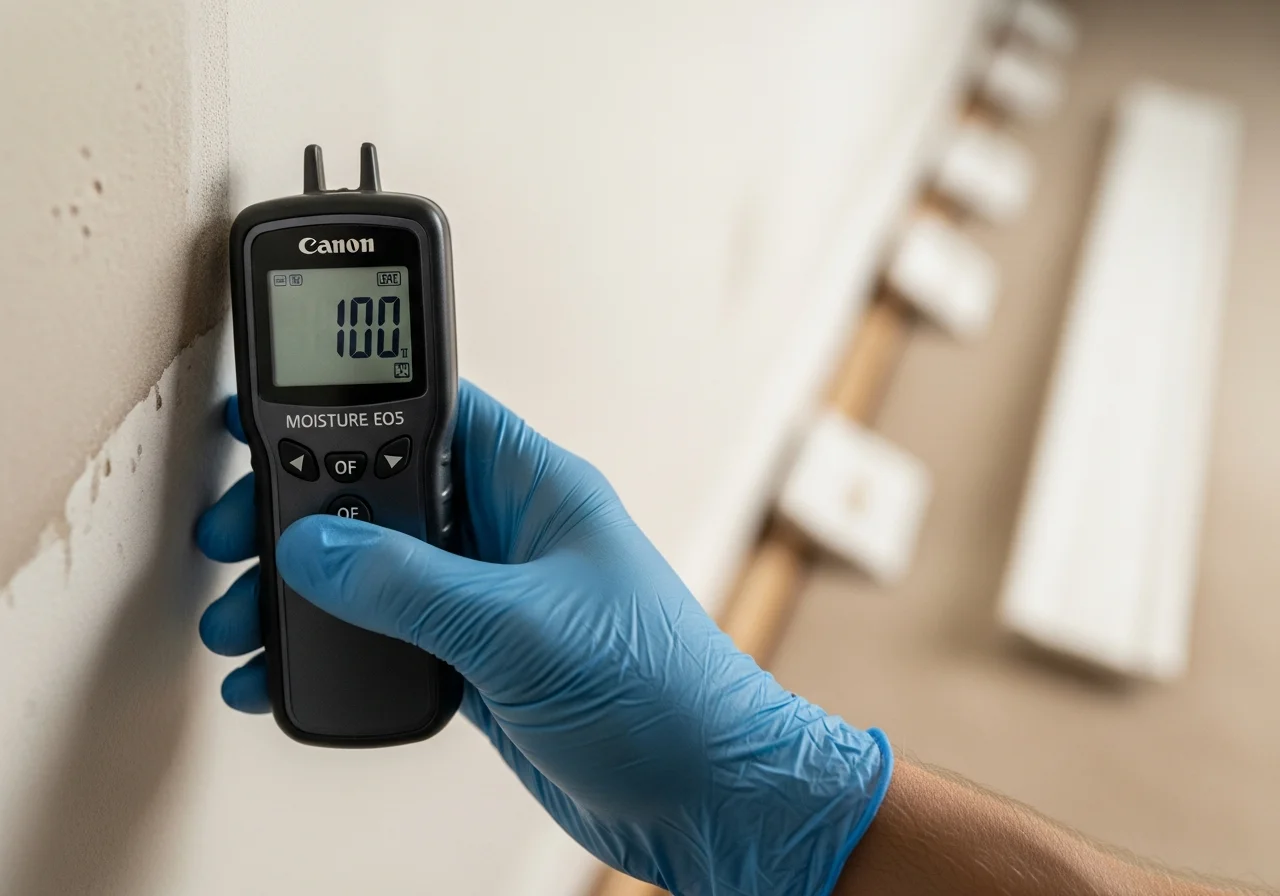 Restoration technician using professional moisture meter to test wall moisture levels in a water-damaged Coral Springs Florida home