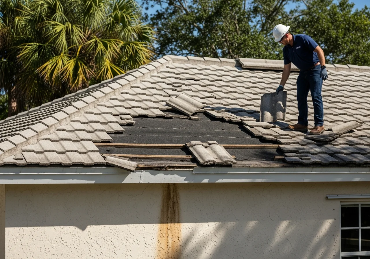 Palm Build technician inspecting tile roof damage during reconstruction at a Coral Springs FL home