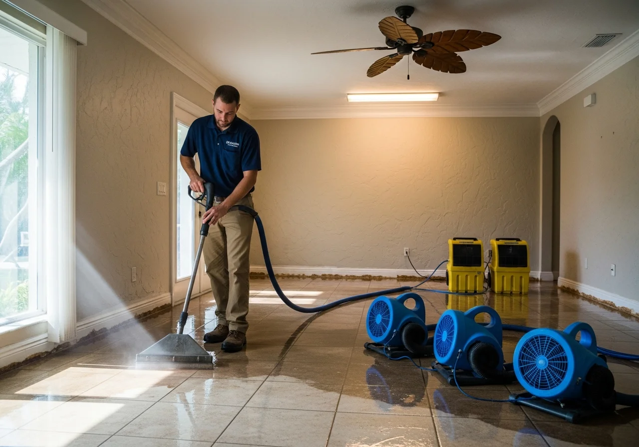 Palm Build restoration technician performing water extraction with truck-mounted equipment in a water-damaged Coral Springs Florida home