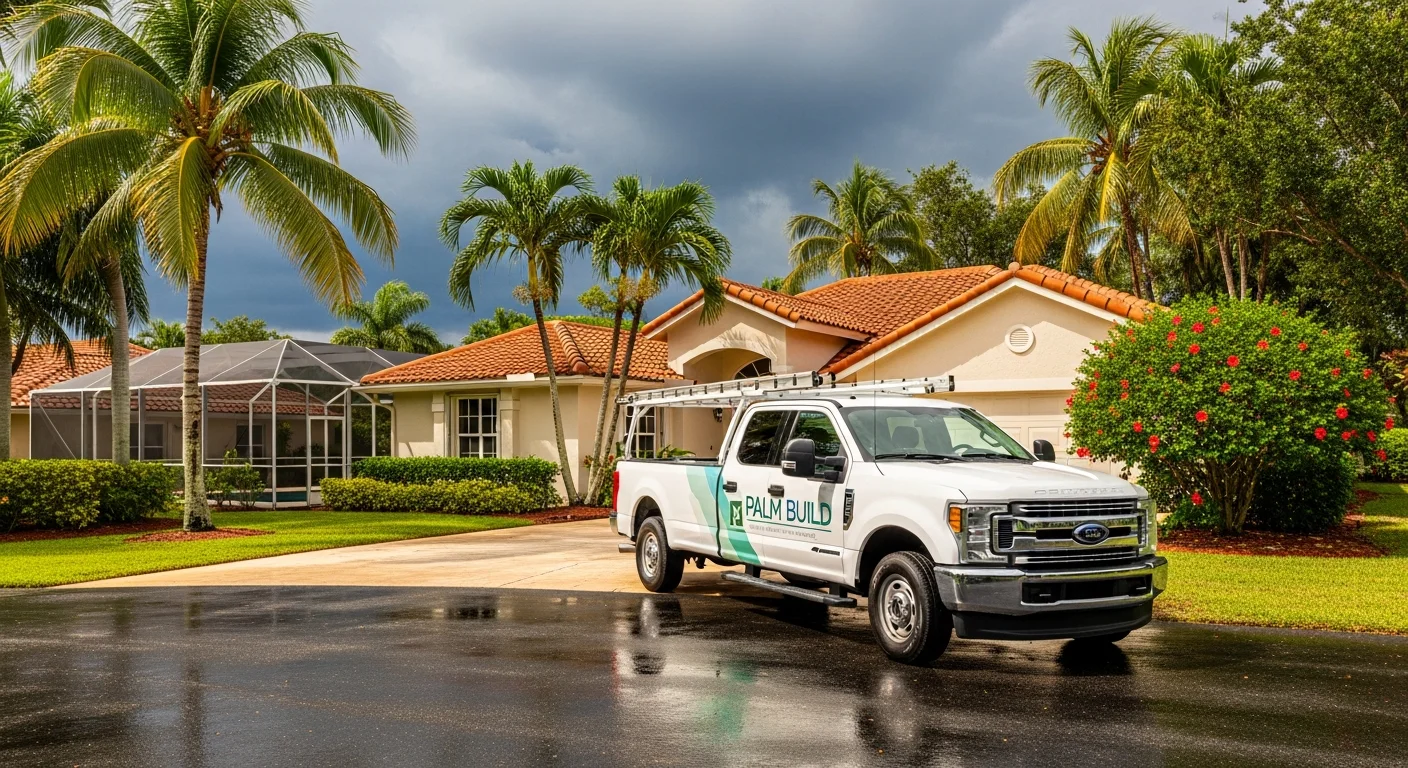 Palm Build restoration truck responding to fire and smoke damage at a CBS stucco home in Coral Springs, Florida with palm trees and thunderstorm clouds
