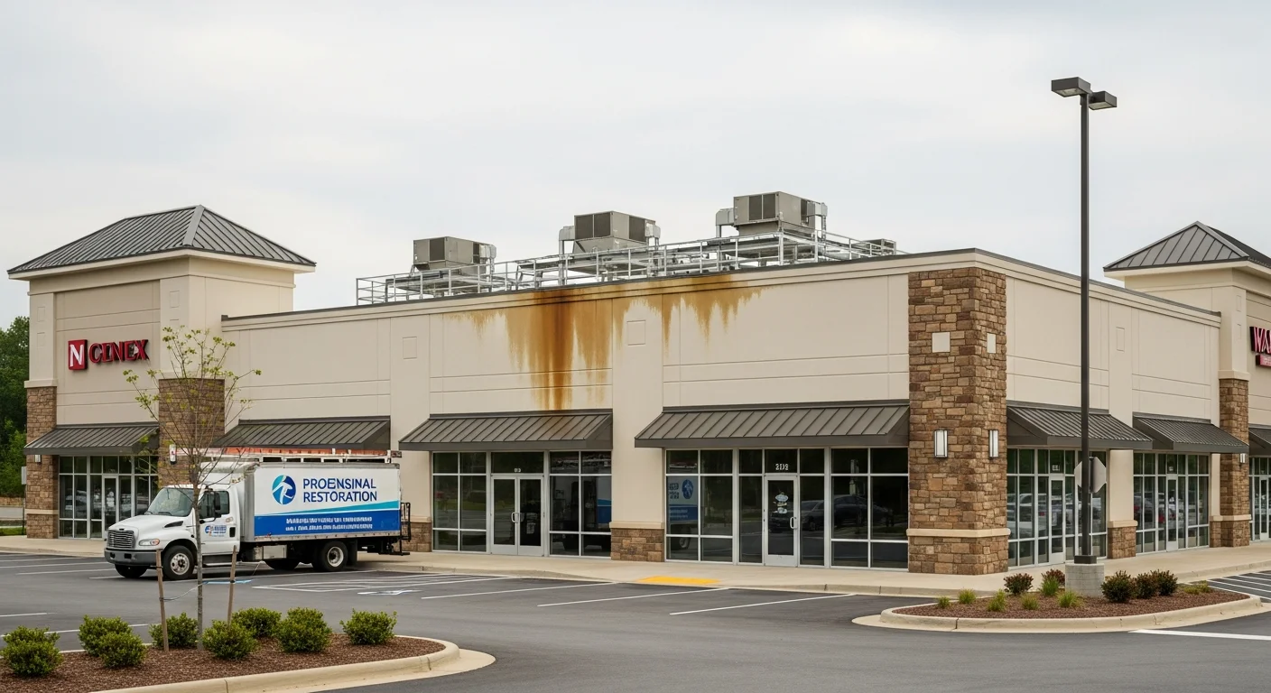 Commercial retail center exterior in Cornelius NC along the Exit 28 corridor showing typical multi-tenant strip center construction
