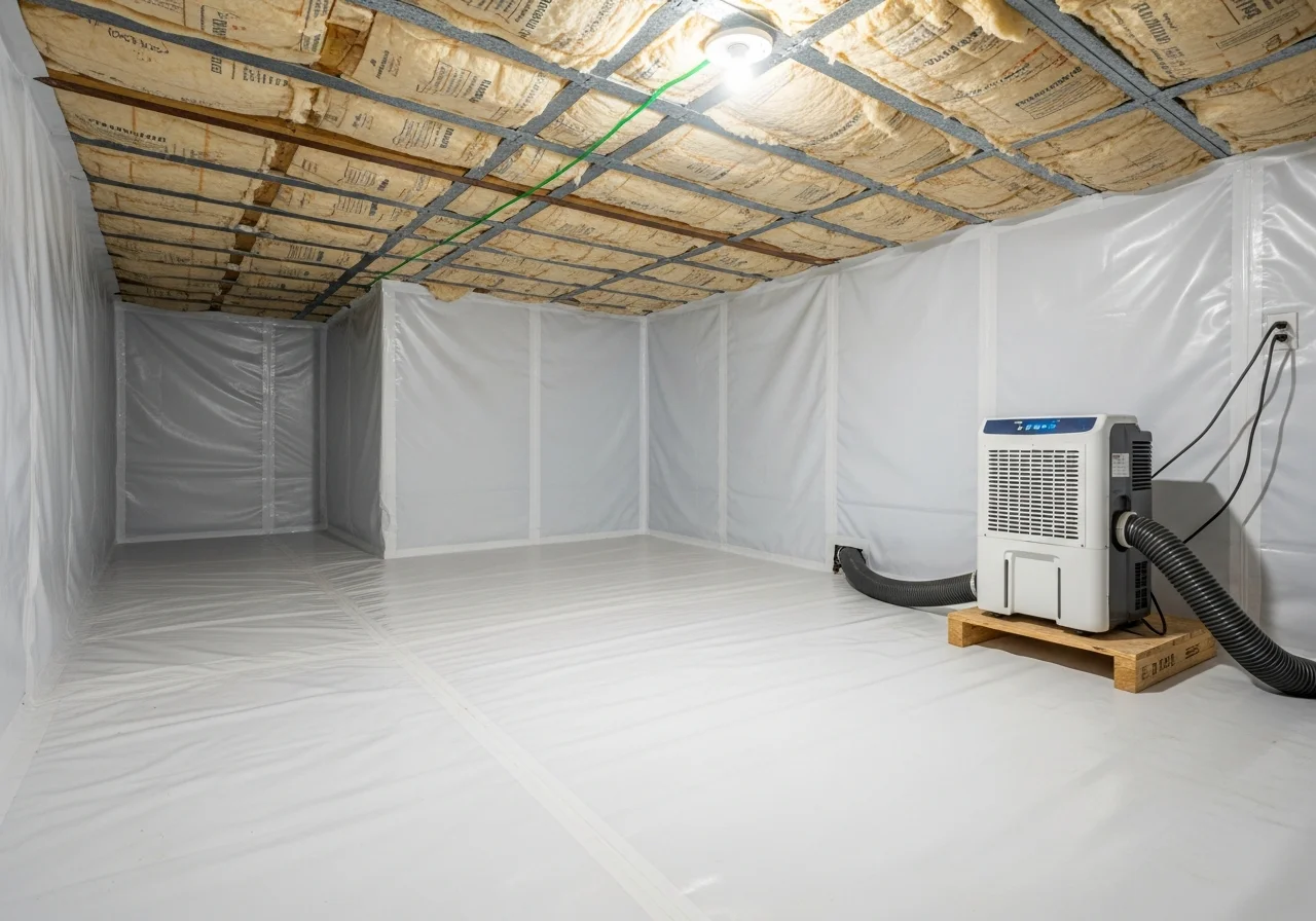 Completed crawl space encapsulation in a Cornelius NC home showing sealed vapor barrier, dehumidifier, and clean structural framing