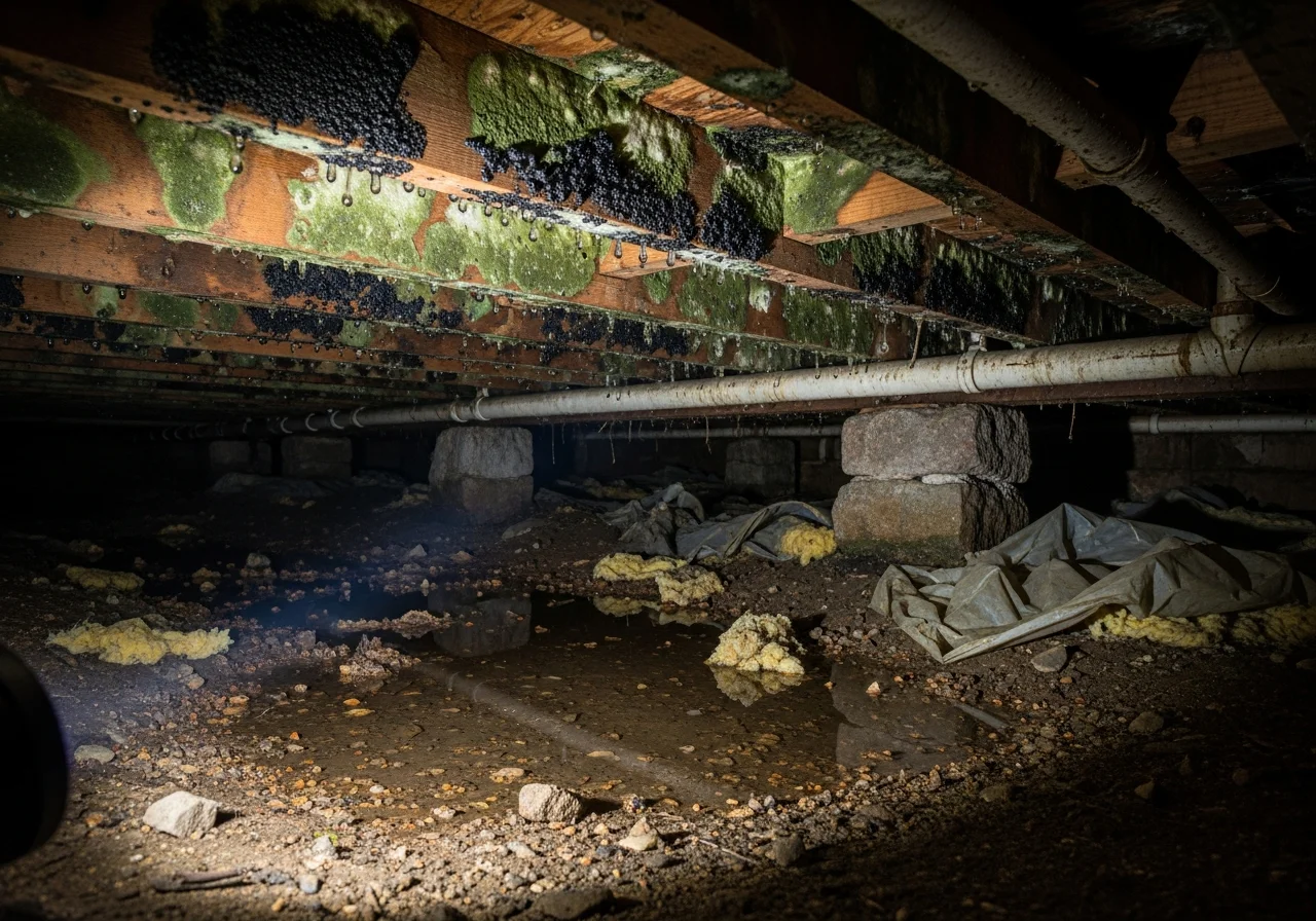 Mold growth on floor joists and subfloor inside a Cornelius NC crawl space showing typical moisture damage from vented design on Piedmont clay