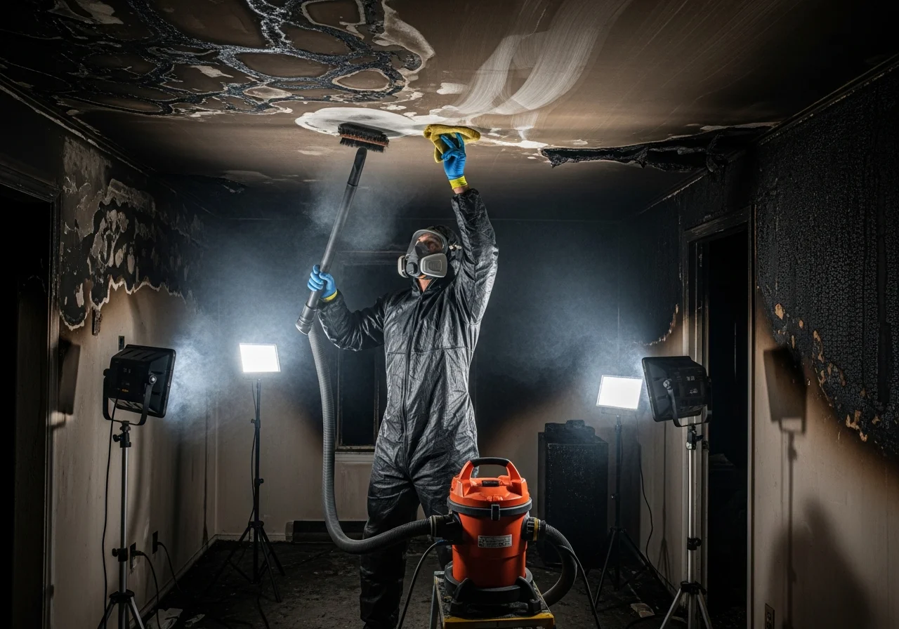 Professional fire restoration team performing soot cleaning in a Cornelius NC home with HEPA equipment and protective gear